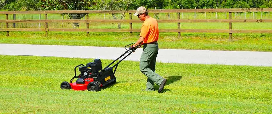Team member performing mowing service for a homeowner in Plant City.